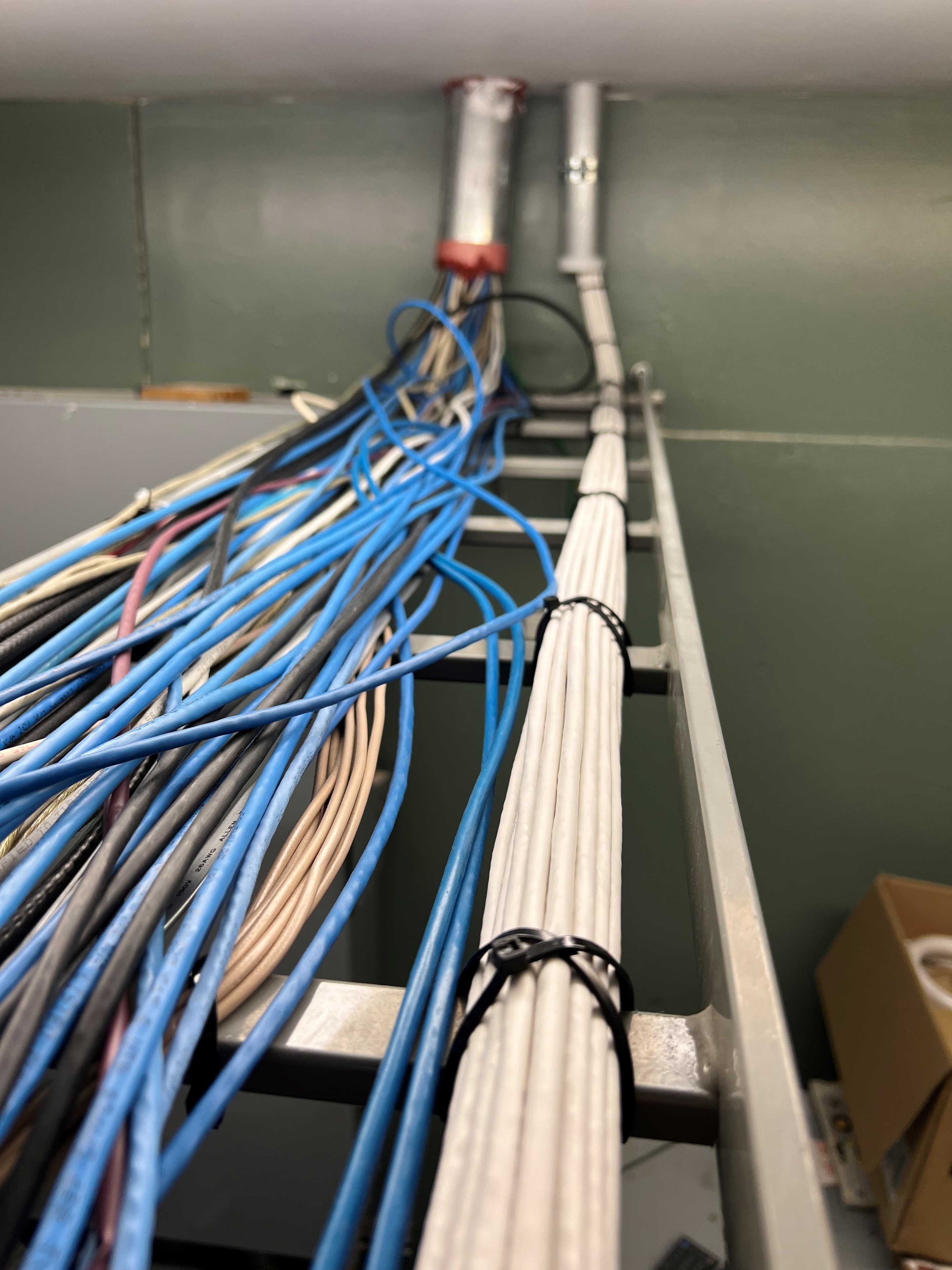 Commercial cable tray installation with organized data and low-voltage runs