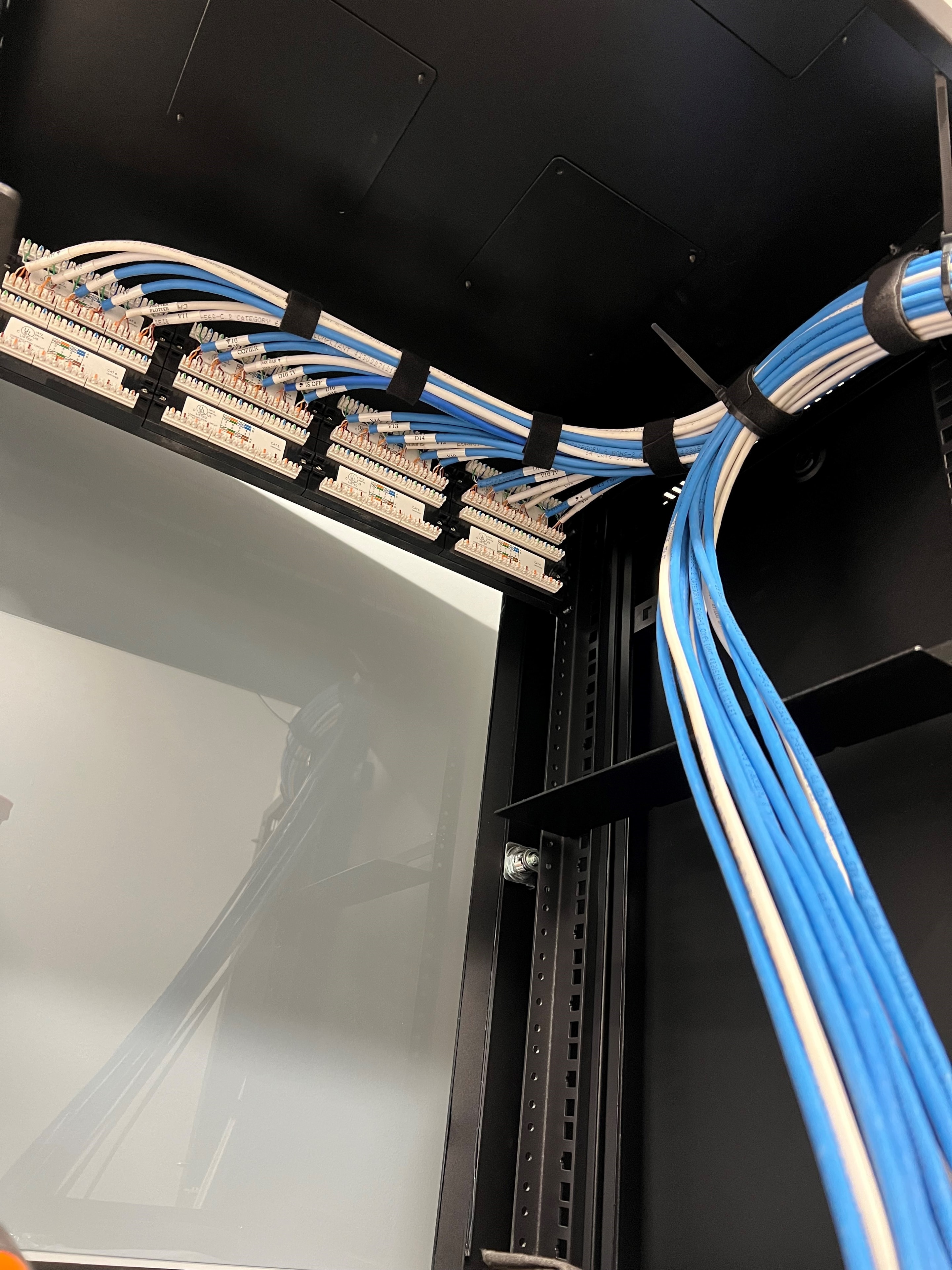 Precision patch panel termination with clean cable routing inside a server rack