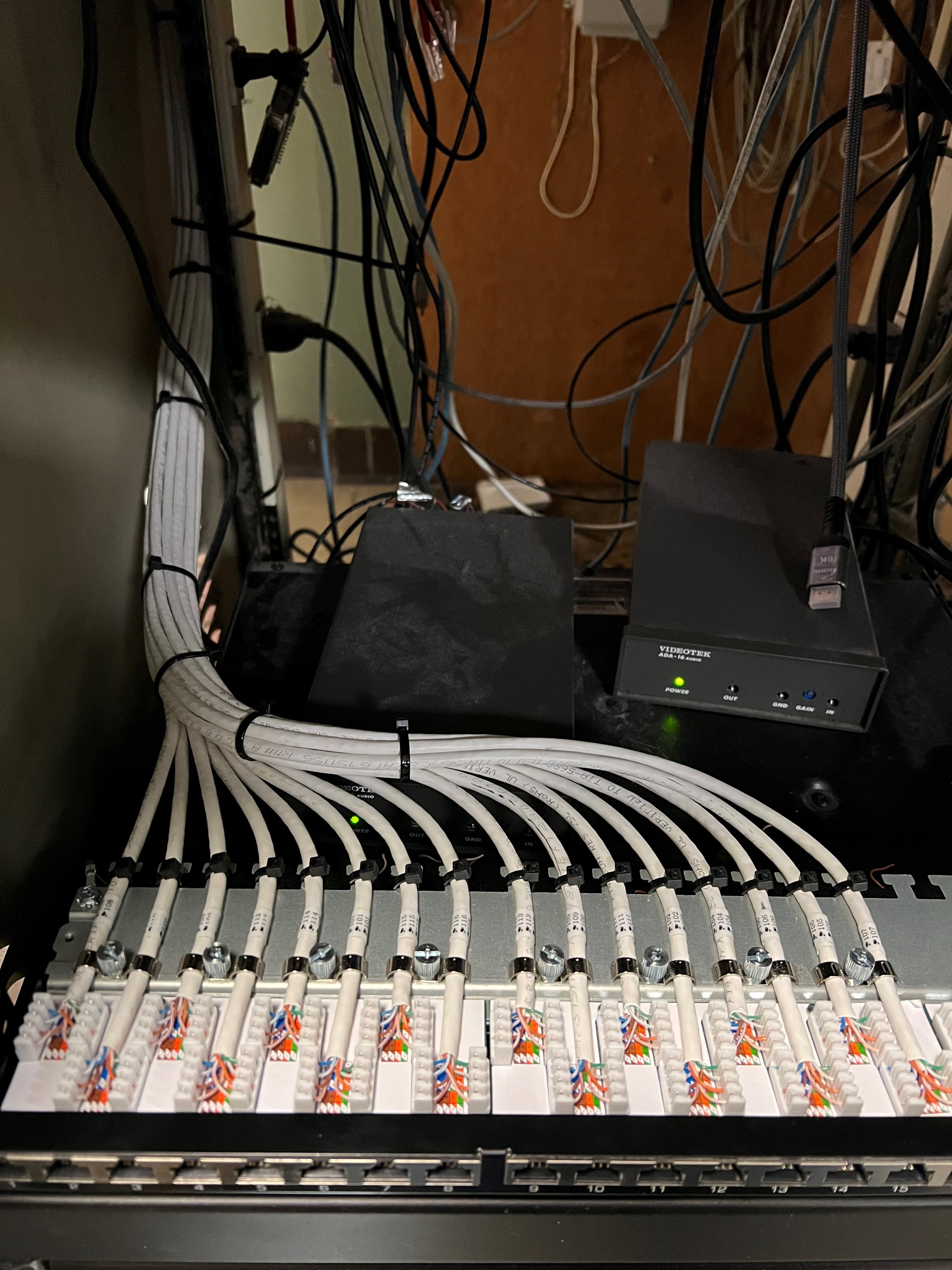 AV distribution and network cabling integration inside a commercial rack enclosure