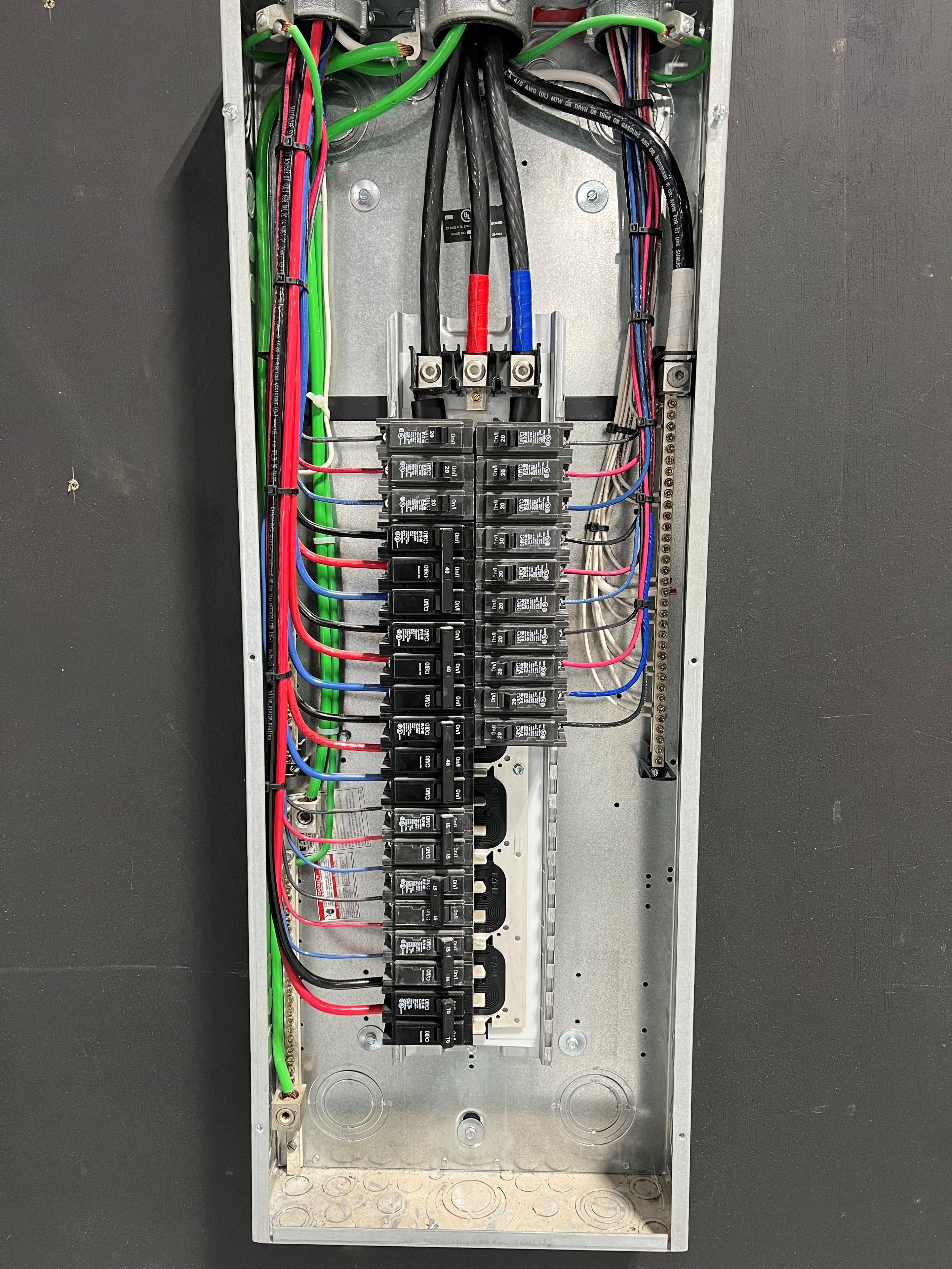 Electrical panel installation with color-coded circuit wiring