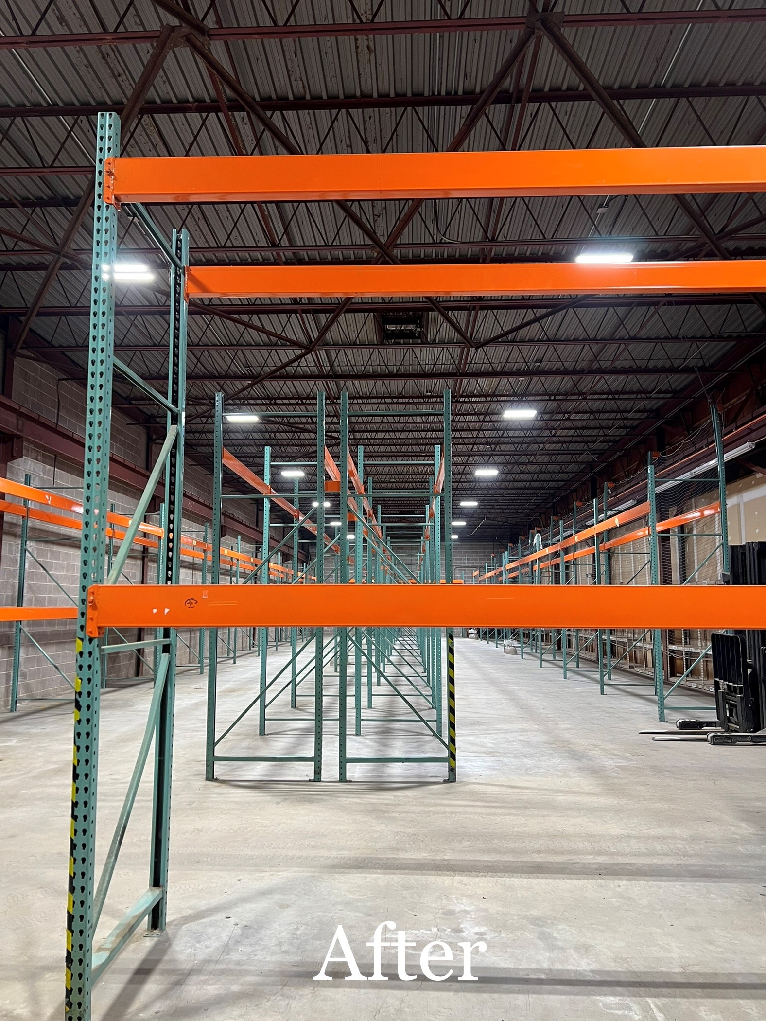 Full LED high-bay lighting upgrade in a large commercial warehouse — after